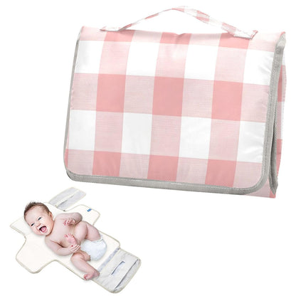 Pink White Gingham Portable Diaper Changing Pad, Waterproof Baby Changing Mat with Storage Pocket & Built-in Pillow, Foldable Travel Pad, Newborn Gift Set for Boy Girl