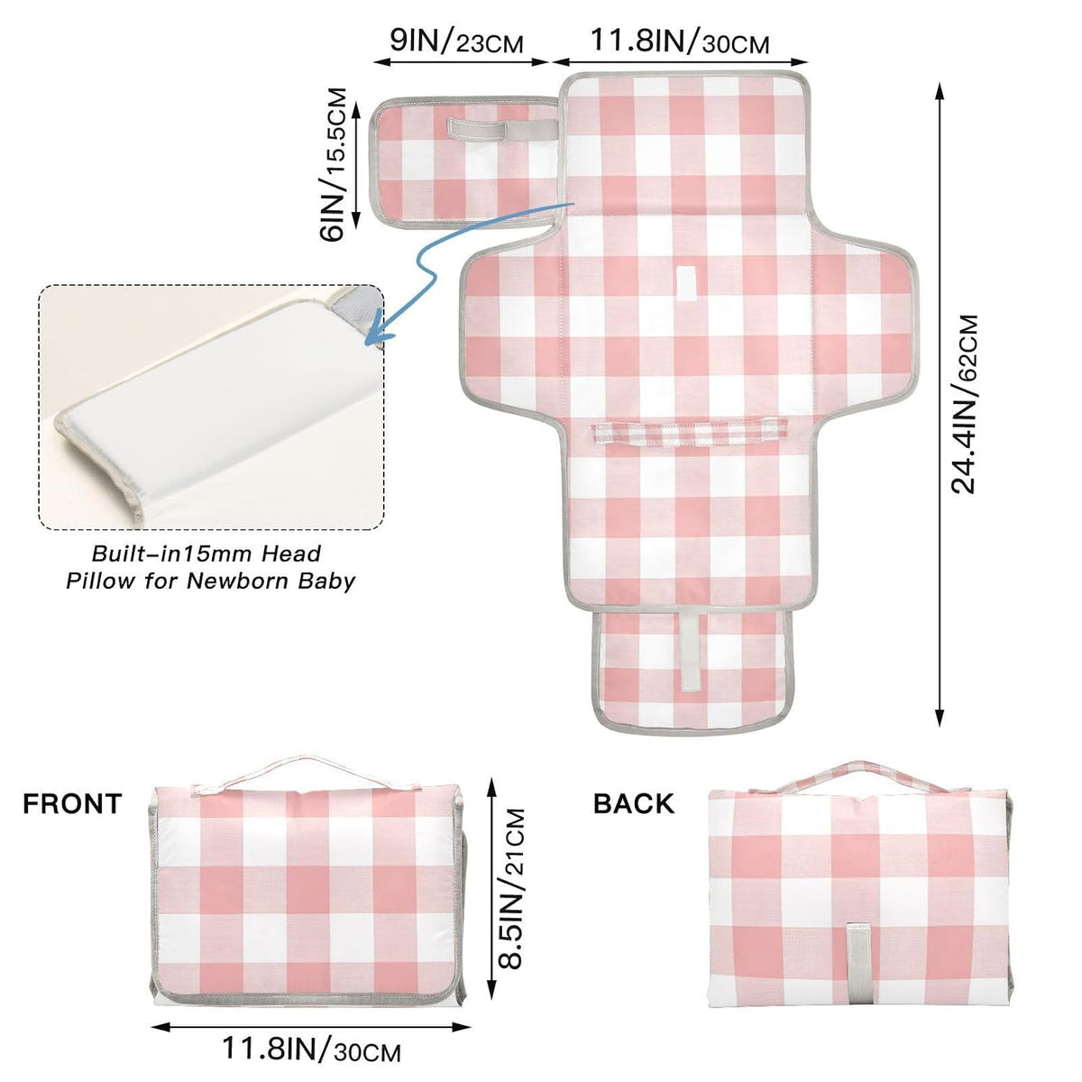 Pink White Gingham Portable Diaper Changing Pad, Waterproof Baby Changing Mat with Storage Pocket & Built-in Pillow, Foldable Travel Pad, Newborn Gift Set for Boy Girl