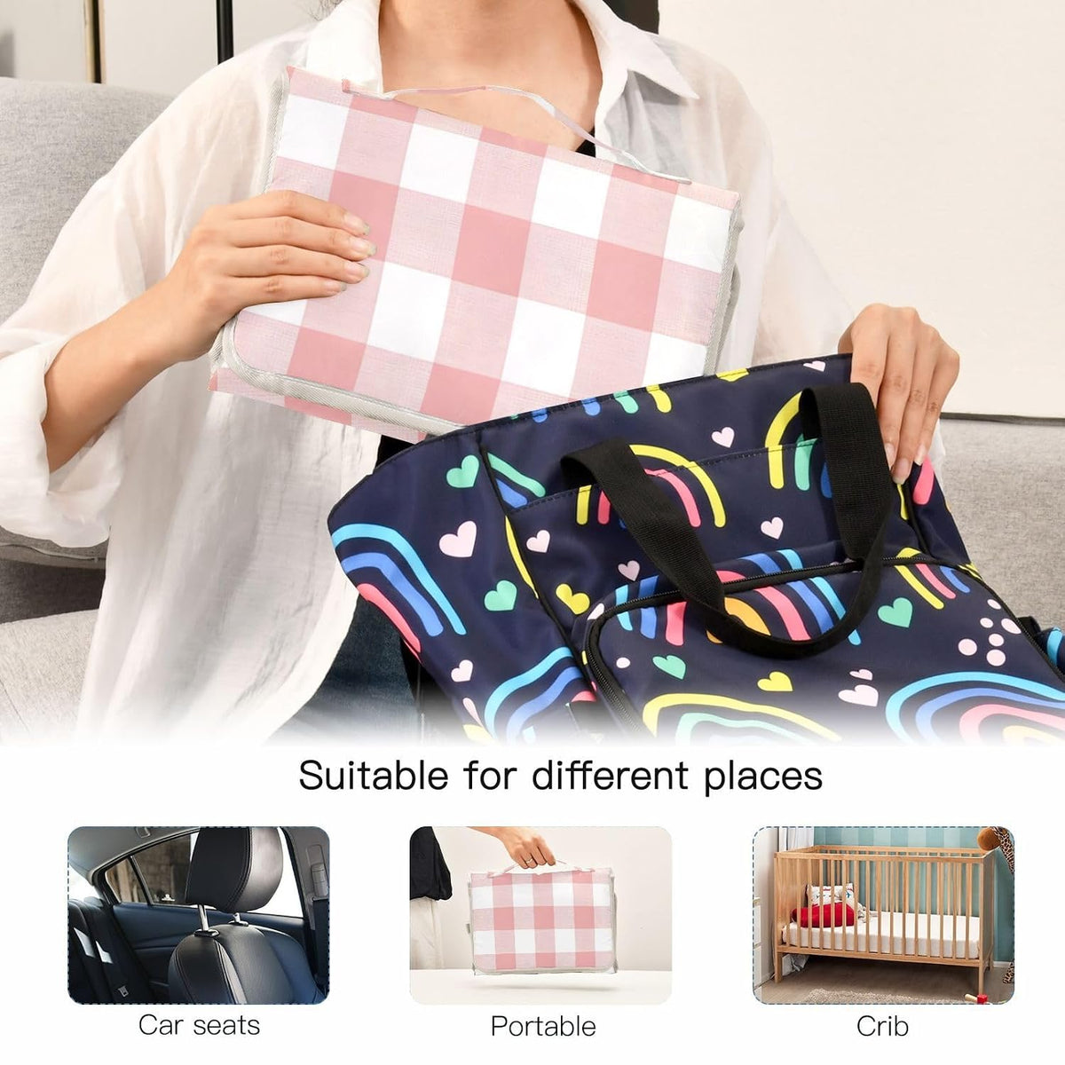 Pink White Gingham Portable Diaper Changing Pad, Waterproof Baby Changing Mat with Storage Pocket & Built-in Pillow, Foldable Travel Pad, Newborn Gift Set for Boy Girl