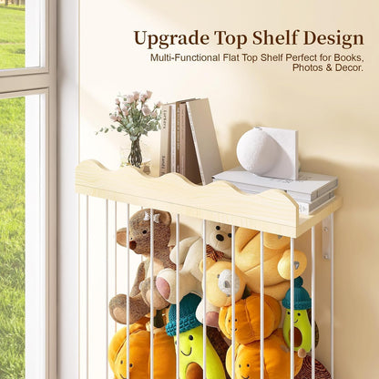 Adjustable Stuffed Animal Storage with Shelf (Patented) - Large Wooden Hanging Plush Toy Organizer - Corner Stuffy Animals Hammock Net Holder for Kids Room, Nursery, Bedroom