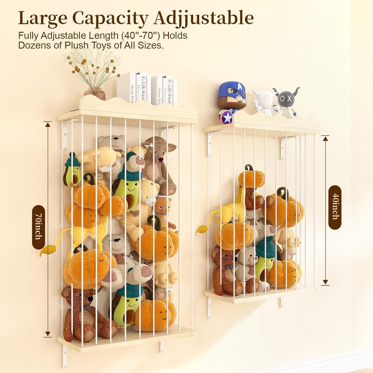 Adjustable Stuffed Animal Storage with Shelf (Patented) - Large Wooden Hanging Plush Toy Organizer - Corner Stuffy Animals Hammock Net Holder for Kids Room, Nursery, Bedroom