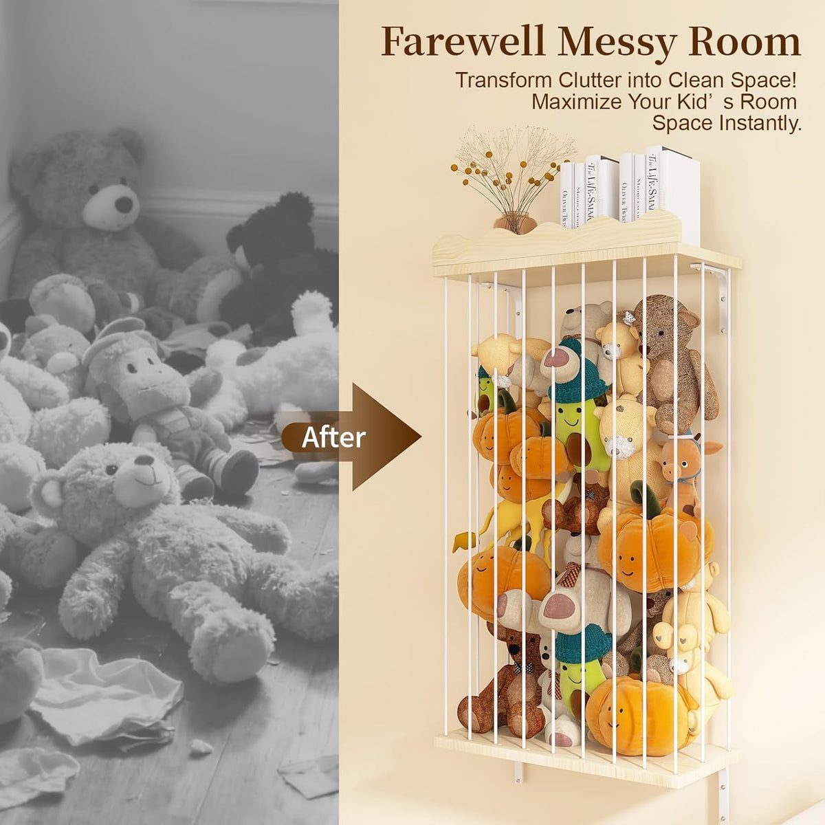 Adjustable Stuffed Animal Storage with Shelf (Patented) - Large Wooden Hanging Plush Toy Organizer - Corner Stuffy Animals Hammock Net Holder for Kids Room, Nursery, Bedroom
