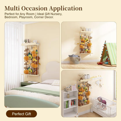 Adjustable Stuffed Animal Storage with Shelf (Patented) - Large Wooden Hanging Plush Toy Organizer - Corner Stuffy Animals Hammock Net Holder for Kids Room, Nursery, Bedroom