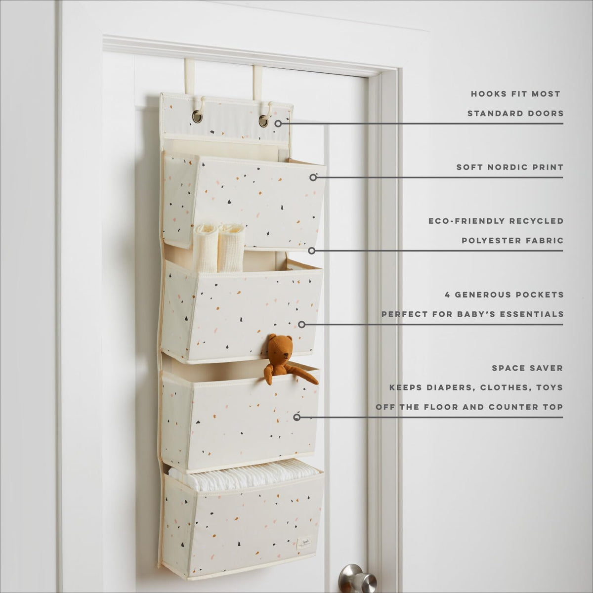 Over Door Organizer, 4 Pockets, Hooks Included, Terrazzo Cream