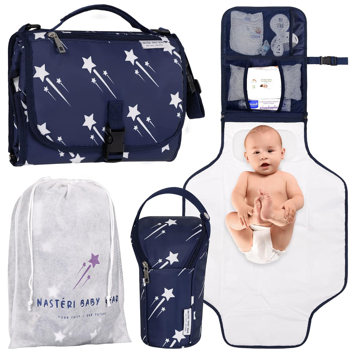 Nasteri Baby Gear Extra Large Portable Baby Changing Pad with Memory Foam Pillow & Insulated Bottle Bag - Waterproof Portable Changing Station for Girls & Boys - Navy