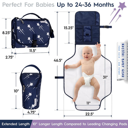 Nasteri Baby Gear Extra Large Portable Baby Changing Pad with Memory Foam Pillow & Insulated Bottle Bag - Waterproof Portable Changing Station for Girls & Boys - Navy