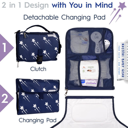 Nasteri Baby Gear Extra Large Portable Baby Changing Pad with Memory Foam Pillow & Insulated Bottle Bag - Waterproof Portable Changing Station for Girls & Boys - Navy