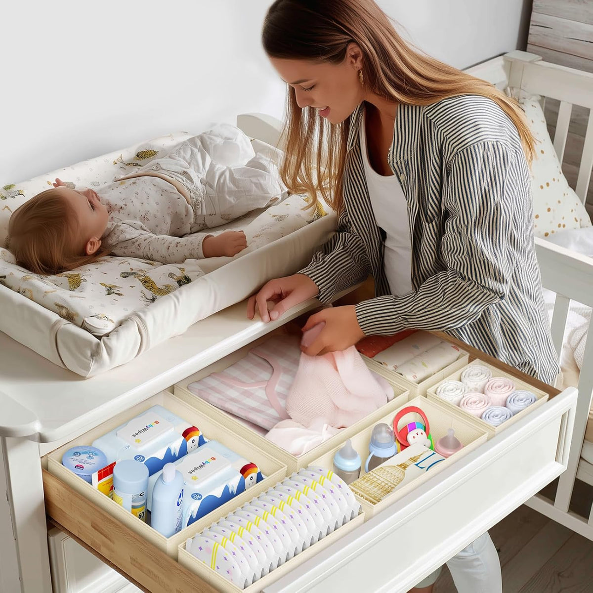 Drawer Organizer Clothes - Foldable Baby Organizers and Storage & Closet Organizers for Bedroom, Closet - Nursery Organization Dresser Dividers for underwear, Sock,Bra, Belt, Tie, Beige