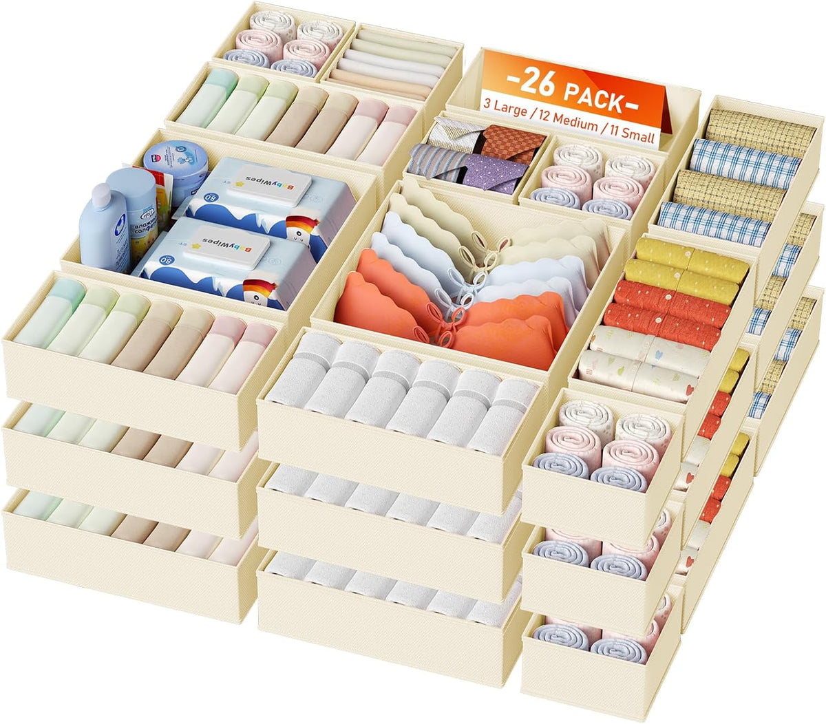 Drawer Organizer Clothes - Foldable Baby Organizers and Storage & Closet Organizers for Bedroom, Closet - Nursery Organization Dresser Dividers for underwear, Sock,Bra, Belt, Tie, Beige