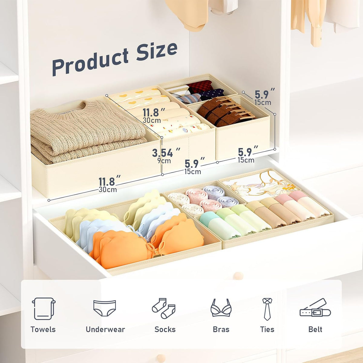 Drawer Organizer Clothes - Foldable Baby Organizers and Storage & Closet Organizers for Bedroom, Closet - Nursery Organization Dresser Dividers for underwear, Sock,Bra, Belt, Tie, Beige