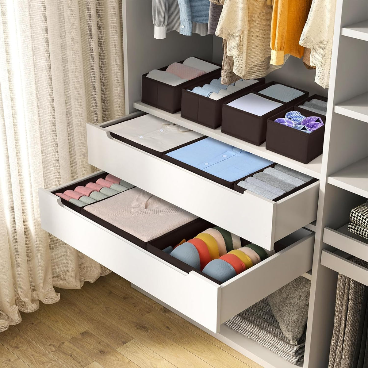 Drawer Organizer Clothes - Foldable Baby Organizers and Storage & Closet Organizers for Bedroom, Closet - Nursery Organization Dresser Dividers for underwear, Sock,Bra, Belt, Tie, Beige