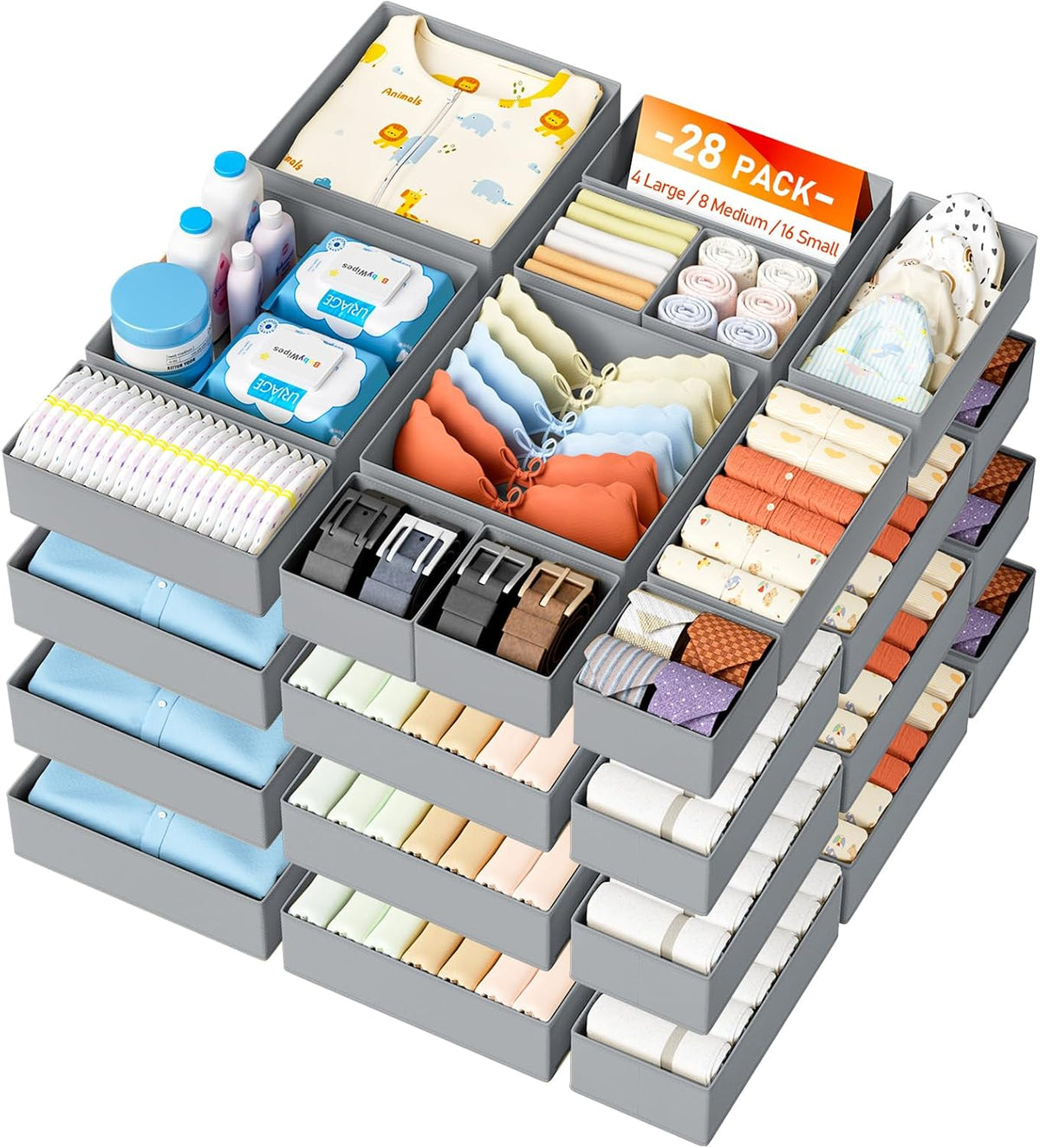 Drawer Organizer Clothes - Foldable Baby Organizers and Storage & Closet Organizers for Bedroom, Closet - Nursery Organization Dresser Dividers for underwear, Sock,Bra, Belt, Tie, Beige