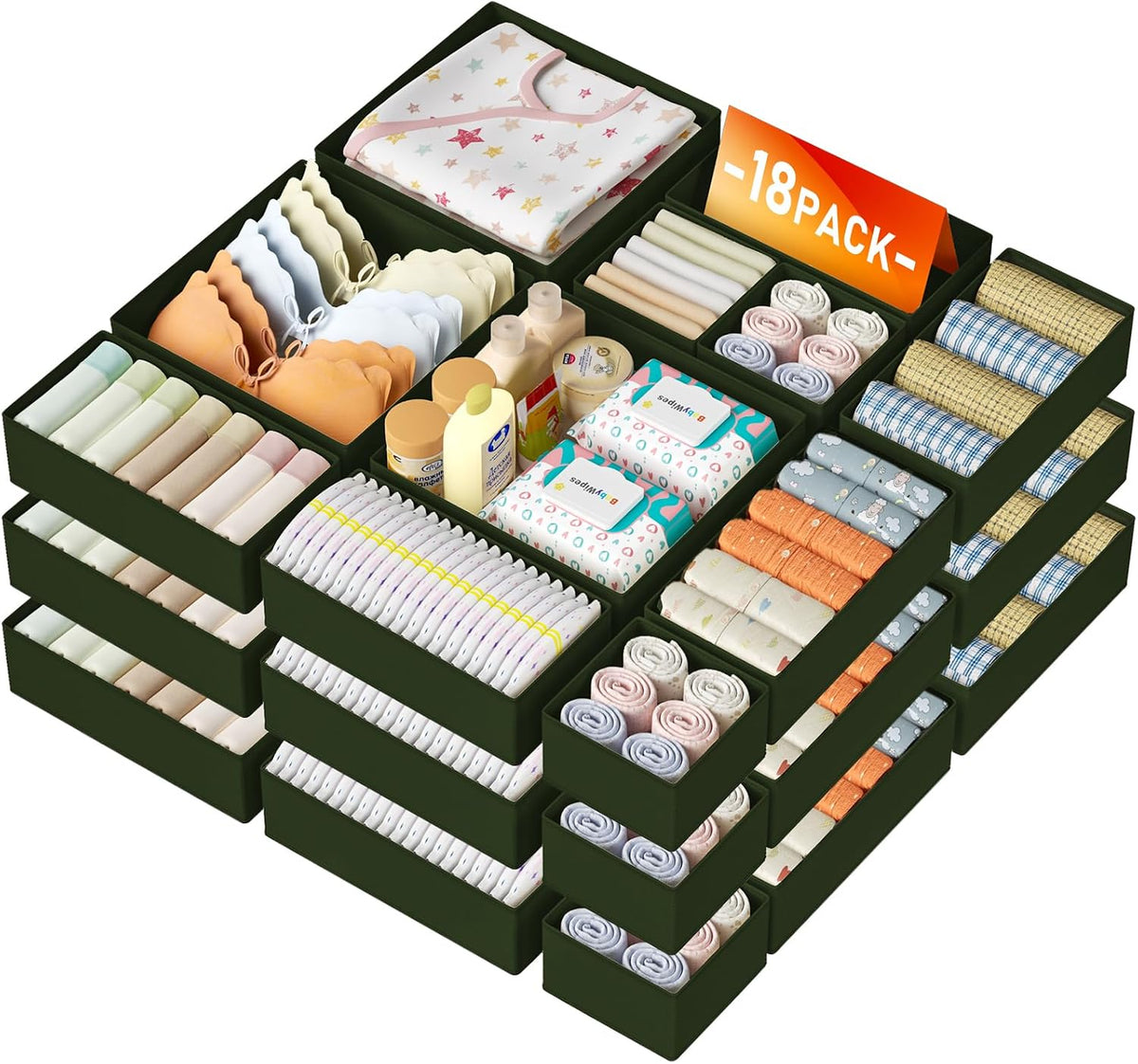 Drawer Organizer Clothes - Foldable Baby Organizers and Storage & Closet Organizers for Bedroom, Closet - Nursery Organization Dresser Dividers for underwear, Sock,Bra, Belt, Tie, Beige