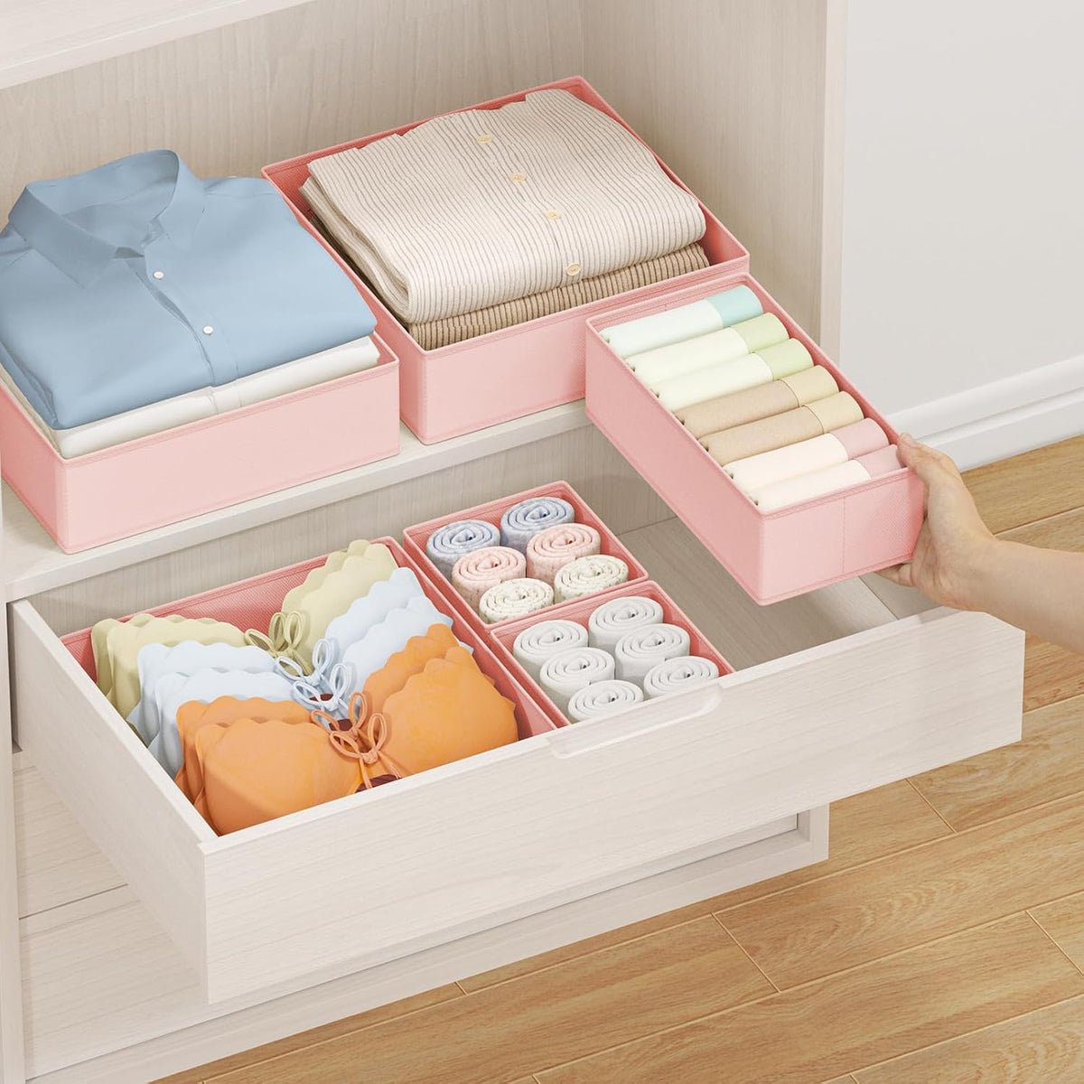 Drawer Organizer Clothes - Foldable Baby Organizers and Storage & Closet Organizers for Bedroom, Closet - Nursery Organization Dresser Dividers for underwear, Sock,Bra, Belt, Tie, Beige