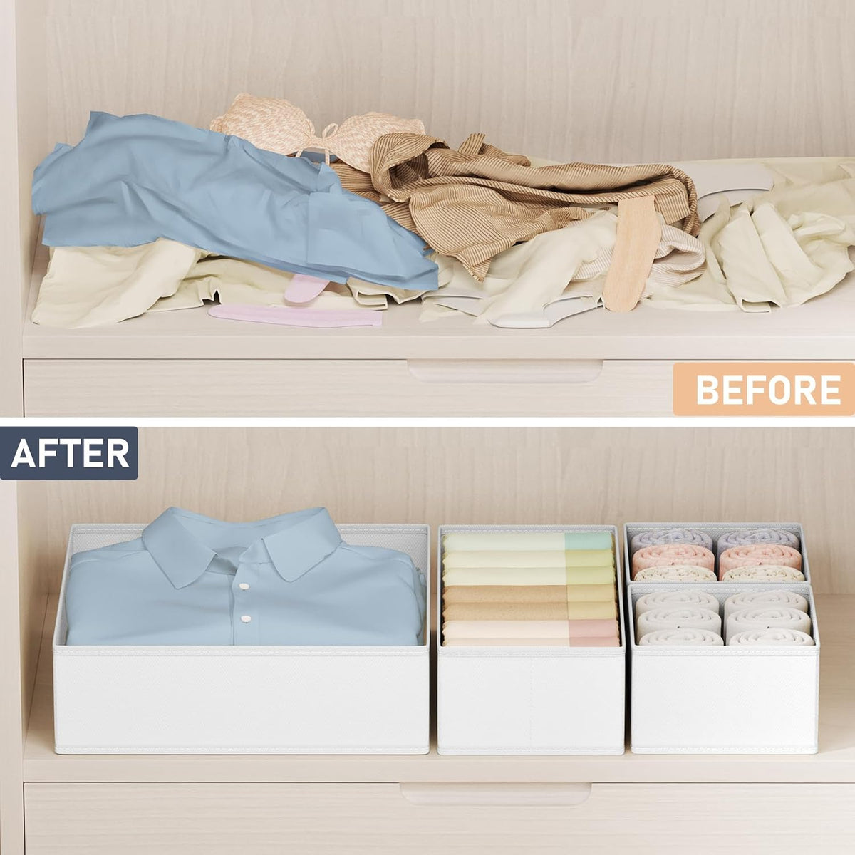 Drawer Organizer Clothes - Foldable Baby Organizers and Storage & Closet Organizers for Bedroom, Closet - Nursery Organization Dresser Dividers for underwear, Sock,Bra, Belt, Tie, Beige