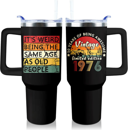 50th Birthday Gifts Women 40 oz Tumbler with Handle Straw Lid | 50th Birthday Cup Leak Proof 50 Years Old Fabulous Gifts for Women Insulated Tumblers Travel Coffee Mug