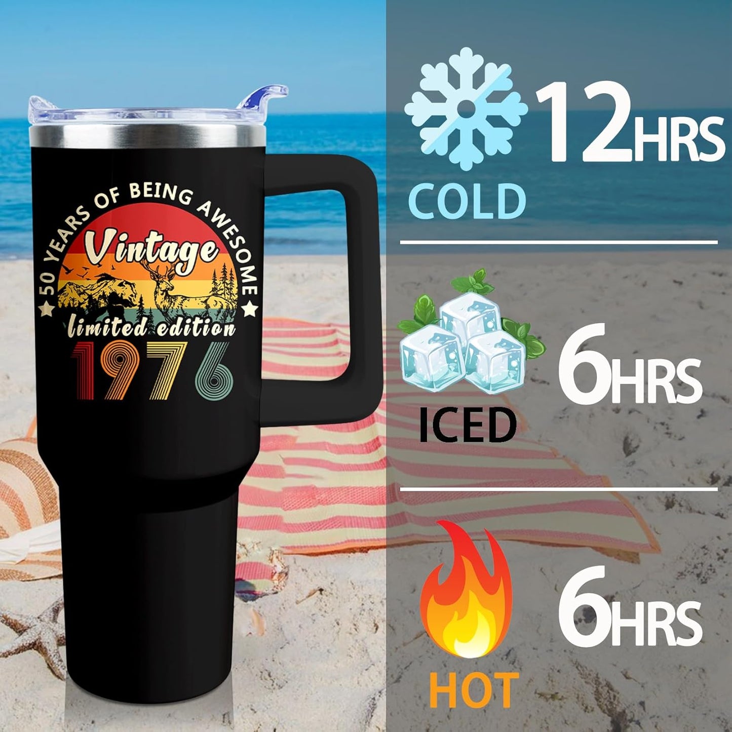 50th Birthday Gifts Women 40 oz Tumbler with Handle Straw Lid | 50th Birthday Cup Leak Proof 50 Years Old Fabulous Gifts for Women Insulated Tumblers Travel Coffee Mug