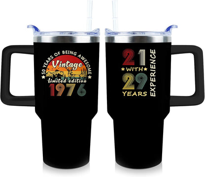 50th Birthday Gifts Women 40 oz Tumbler with Handle Straw Lid | 50th Birthday Cup Leak Proof 50 Years Old Fabulous Gifts for Women Insulated Tumblers Travel Coffee Mug