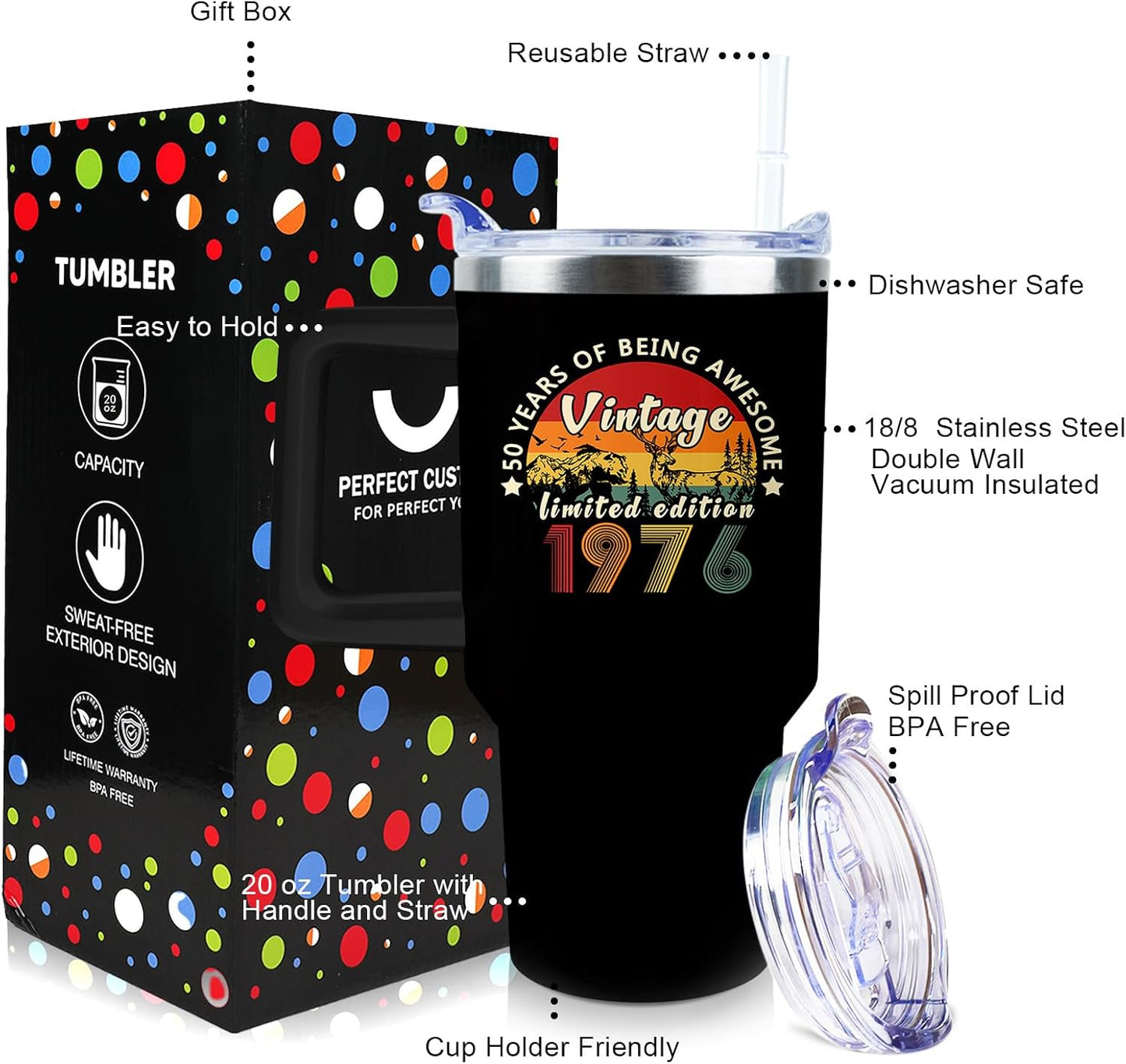 50th Birthday Gifts Women 40 oz Tumbler with Handle Straw Lid | 50th Birthday Cup Leak Proof 50 Years Old Fabulous Gifts for Women Insulated Tumblers Travel Coffee Mug