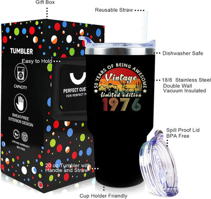 50th Birthday Gifts Women 40 oz Tumbler with Handle Straw Lid | 50th Birthday Cup Leak Proof 50 Years Old Fabulous Gifts for Women Insulated Tumblers Travel Coffee Mug