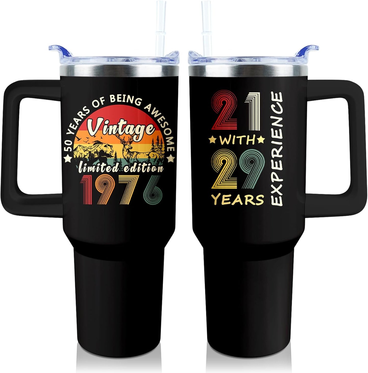 50th Birthday Gifts Women 40 oz Tumbler with Handle Straw Lid | 50th Birthday Cup Leak Proof 50 Years Old Fabulous Gifts for Women Insulated Tumblers Travel Coffee Mug