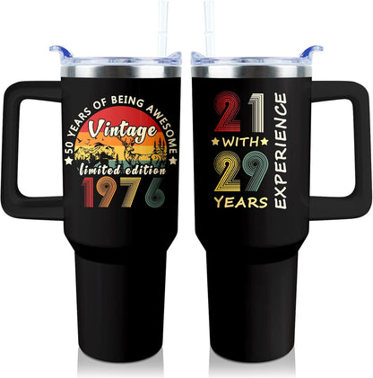 50th Birthday Gifts Women 40 oz Tumbler with Handle Straw Lid | 50th Birthday Cup Leak Proof 50 Years Old Fabulous Gifts for Women Insulated Tumblers Travel Coffee Mug