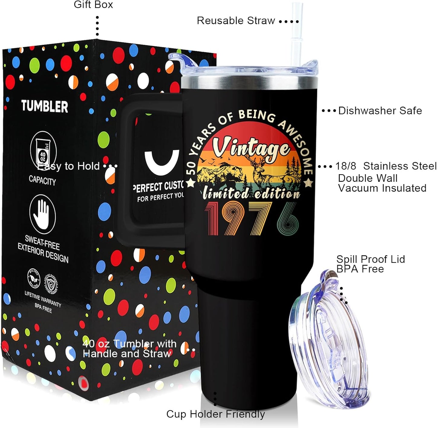 50th Birthday Gifts Women 40 oz Tumbler with Handle Straw Lid | 50th Birthday Cup Leak Proof 50 Years Old Fabulous Gifts for Women Insulated Tumblers Travel Coffee Mug
