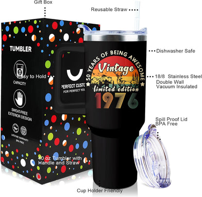 50th Birthday Gifts Women 40 oz Tumbler with Handle Straw Lid | 50th Birthday Cup Leak Proof 50 Years Old Fabulous Gifts for Women Insulated Tumblers Travel Coffee Mug