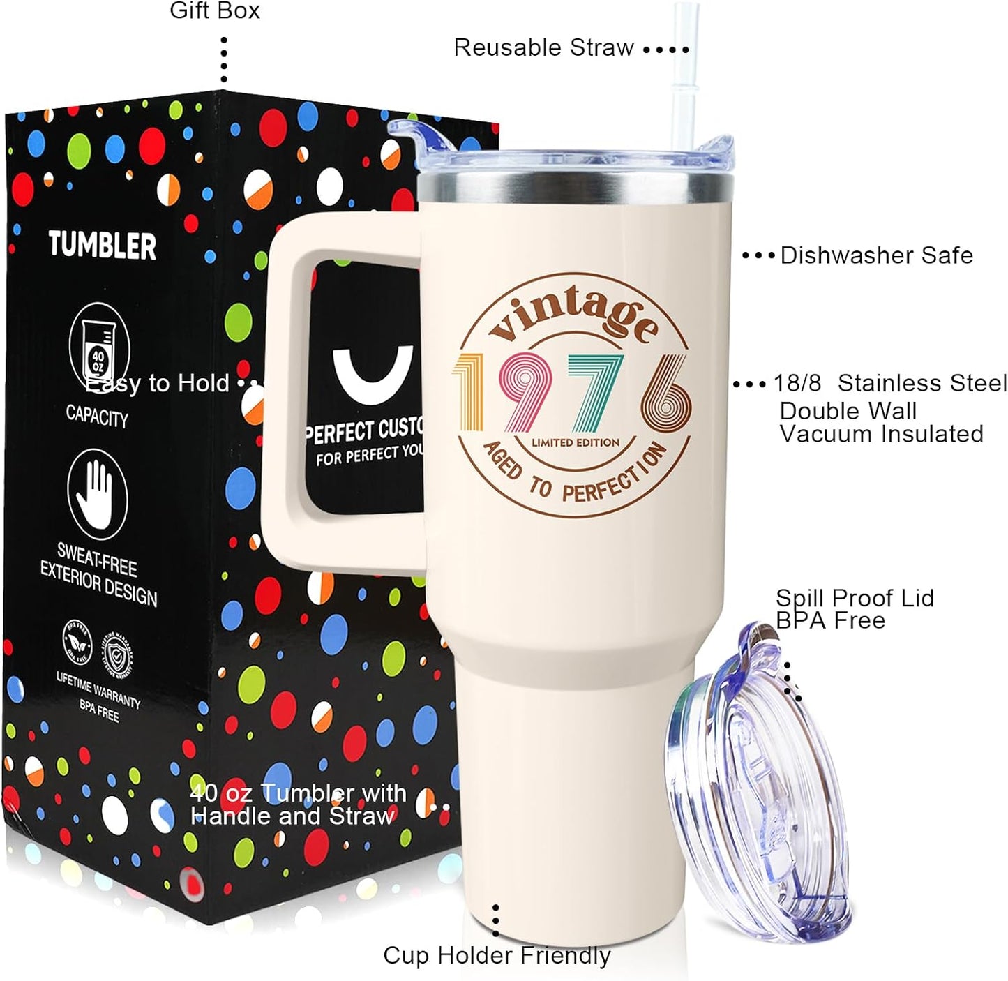 50th Birthday Gifts Women 40 oz Tumbler with Handle Straw Lid | 50th Birthday Cup Leak Proof 50 Years Old Fabulous Gifts for Women Insulated Tumblers Travel Coffee Mug