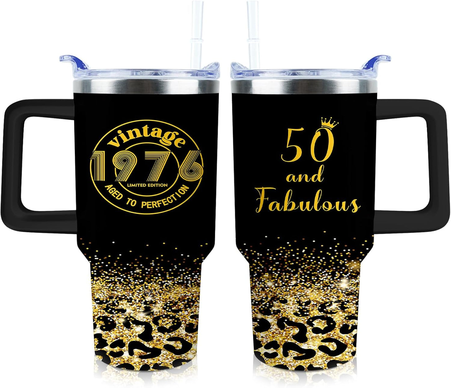 50th Birthday Gifts Women 40 oz Tumbler with Handle Straw Lid | 50th Birthday Cup Leak Proof 50 Years Old Fabulous Gifts for Women Insulated Tumblers Travel Coffee Mug