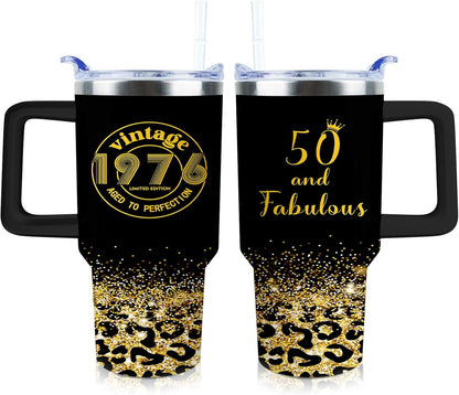 50th Birthday Gifts Women 40 oz Tumbler with Handle Straw Lid | 50th Birthday Cup Leak Proof 50 Years Old Fabulous Gifts for Women Insulated Tumblers Travel Coffee Mug