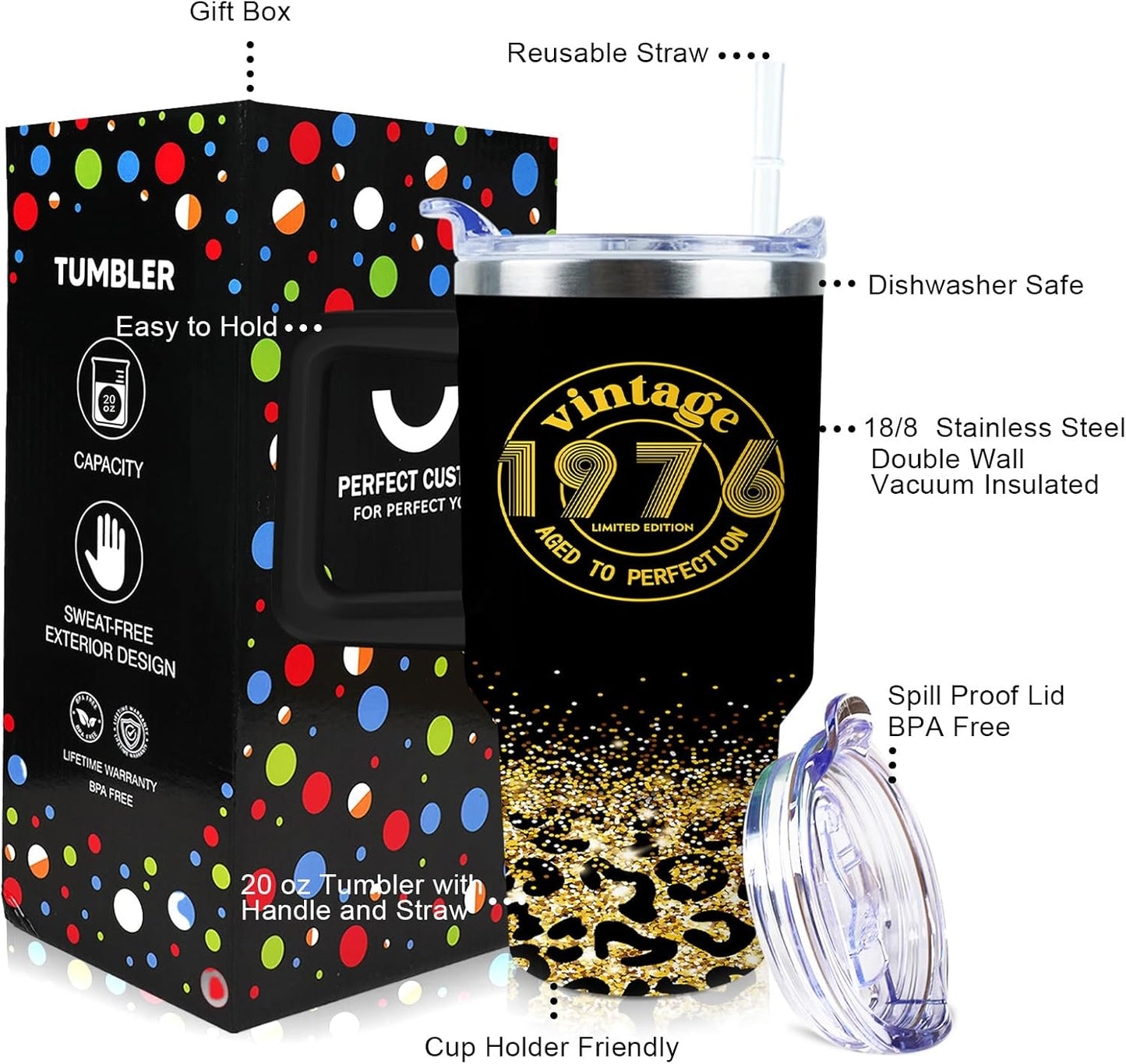 50th Birthday Gifts Women 40 oz Tumbler with Handle Straw Lid | 50th Birthday Cup Leak Proof 50 Years Old Fabulous Gifts for Women Insulated Tumblers Travel Coffee Mug