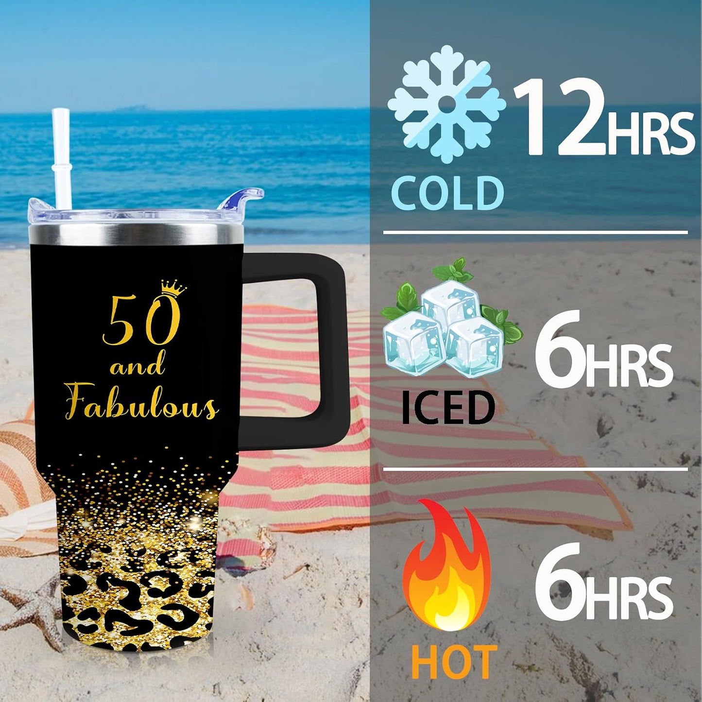 50th Birthday Gifts Women 40 oz Tumbler with Handle Straw Lid | 50th Birthday Cup Leak Proof 50 Years Old Fabulous Gifts for Women Insulated Tumblers Travel Coffee Mug