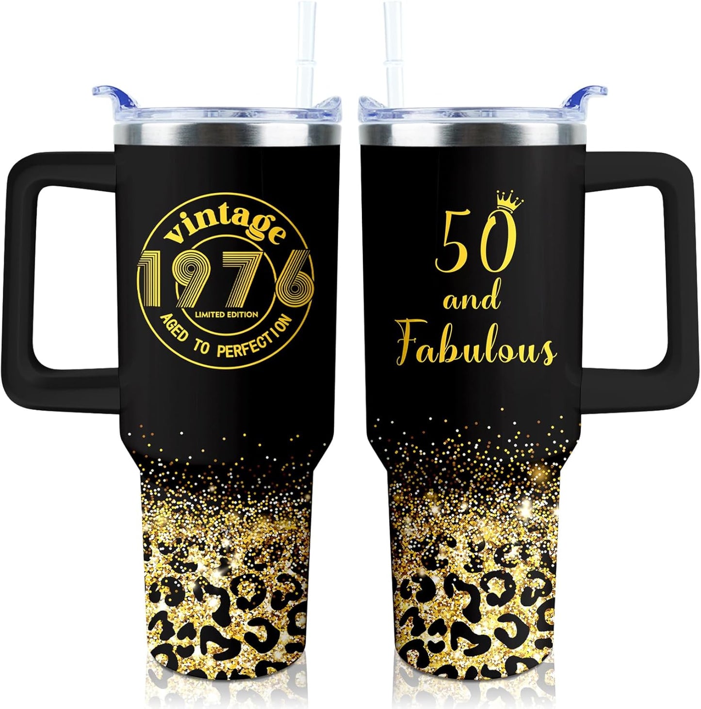 50th Birthday Gifts Women 40 oz Tumbler with Handle Straw Lid | 50th Birthday Cup Leak Proof 50 Years Old Fabulous Gifts for Women Insulated Tumblers Travel Coffee Mug
