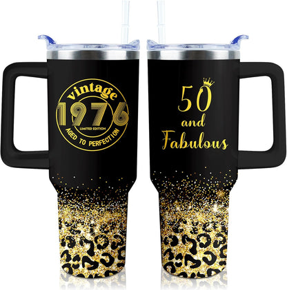 50th Birthday Gifts Women 40 oz Tumbler with Handle Straw Lid | 50th Birthday Cup Leak Proof 50 Years Old Fabulous Gifts for Women Insulated Tumblers Travel Coffee Mug