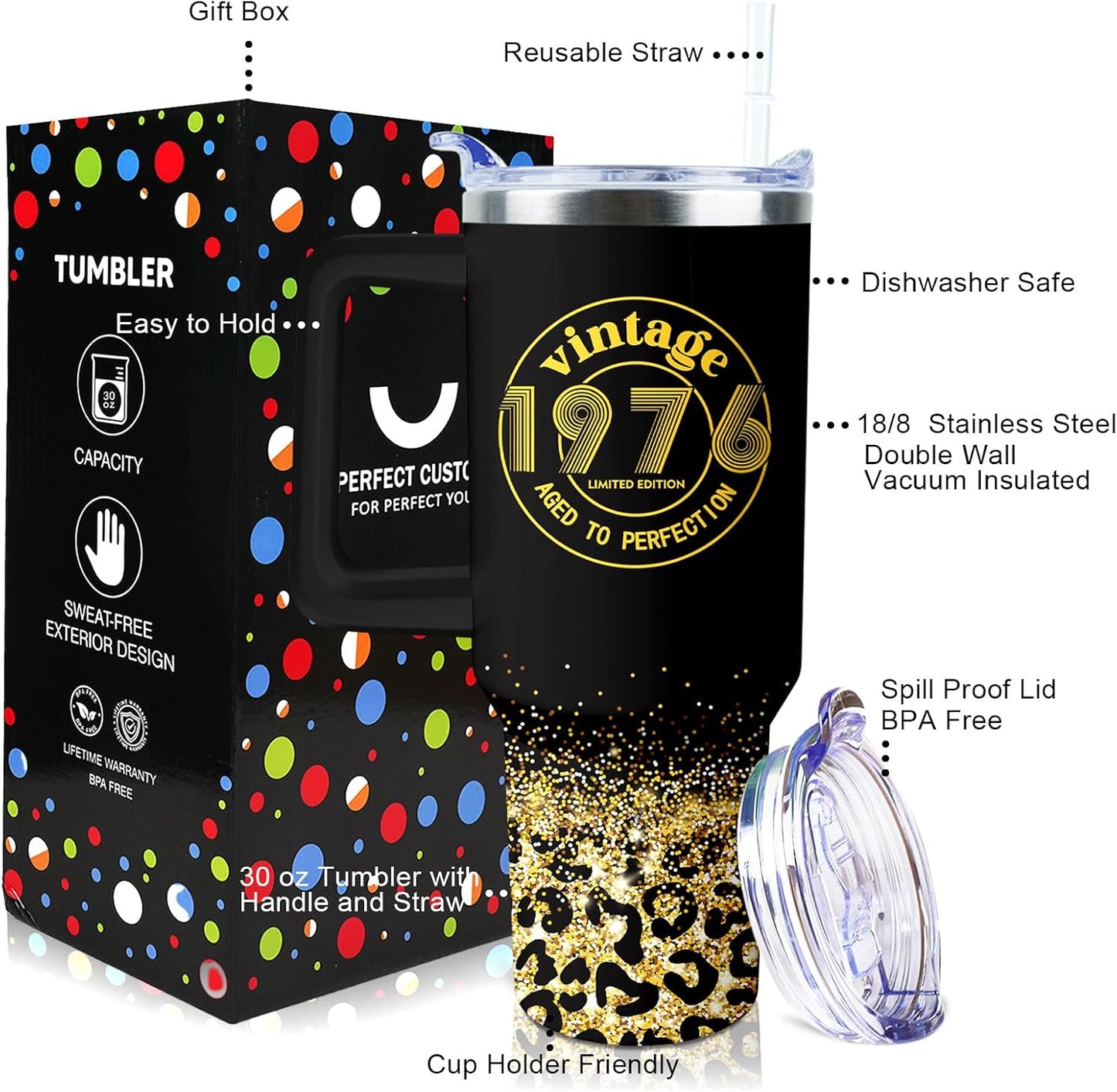 50th Birthday Gifts Women 40 oz Tumbler with Handle Straw Lid | 50th Birthday Cup Leak Proof 50 Years Old Fabulous Gifts for Women Insulated Tumblers Travel Coffee Mug