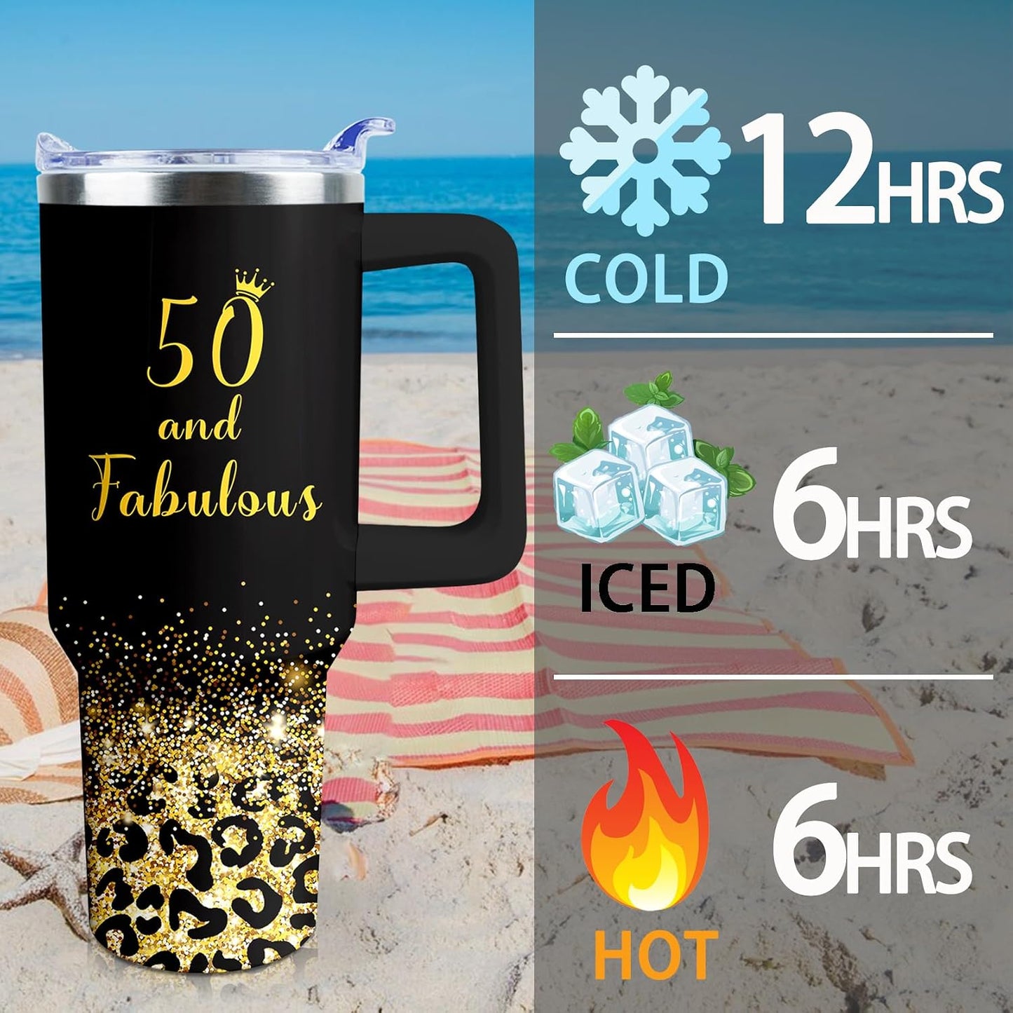 50th Birthday Gifts Women 40 oz Tumbler with Handle Straw Lid | 50th Birthday Cup Leak Proof 50 Years Old Fabulous Gifts for Women Insulated Tumblers Travel Coffee Mug