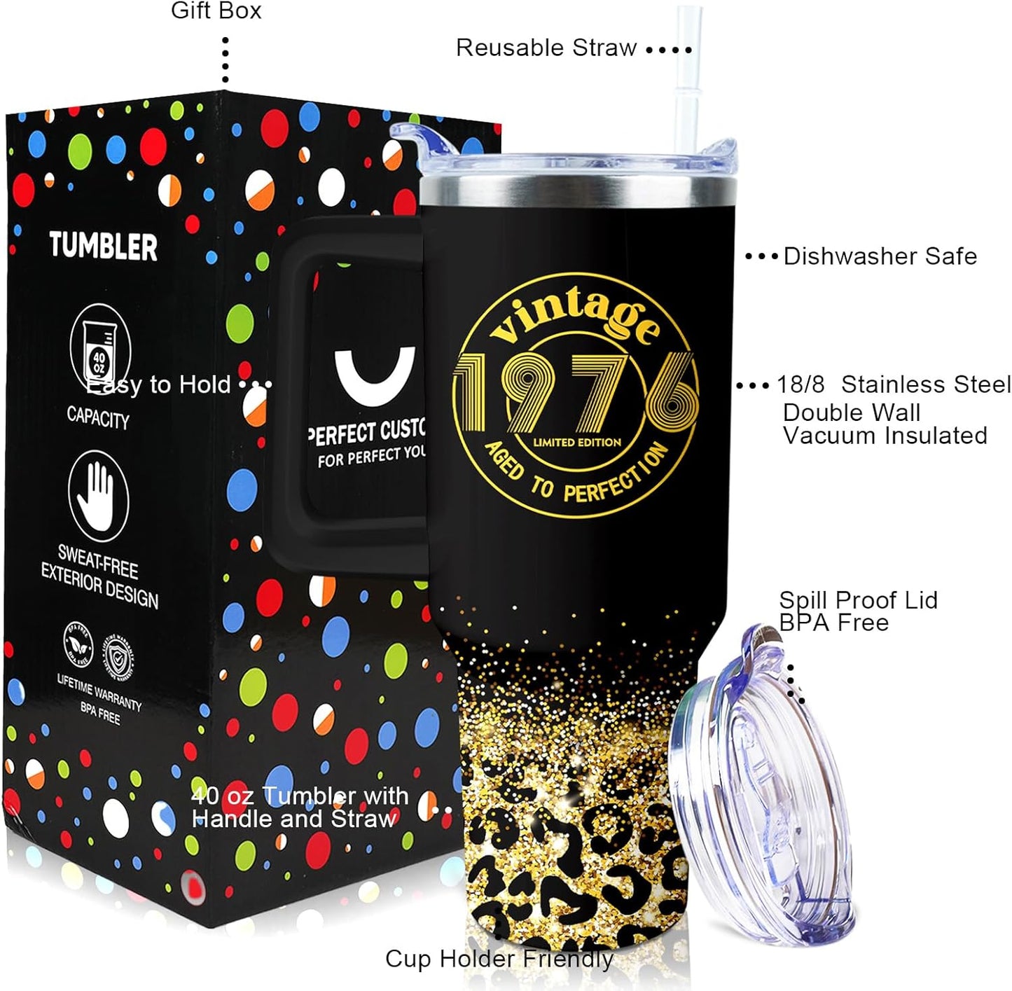 50th Birthday Gifts Women 40 oz Tumbler with Handle Straw Lid | 50th Birthday Cup Leak Proof 50 Years Old Fabulous Gifts for Women Insulated Tumblers Travel Coffee Mug