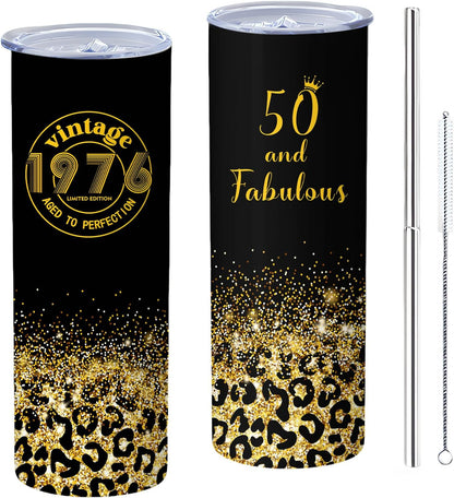50th Birthday Gifts Women 40 oz Tumbler with Handle Straw Lid | 50th Birthday Cup Leak Proof 50 Years Old Fabulous Gifts for Women Insulated Tumblers Travel Coffee Mug