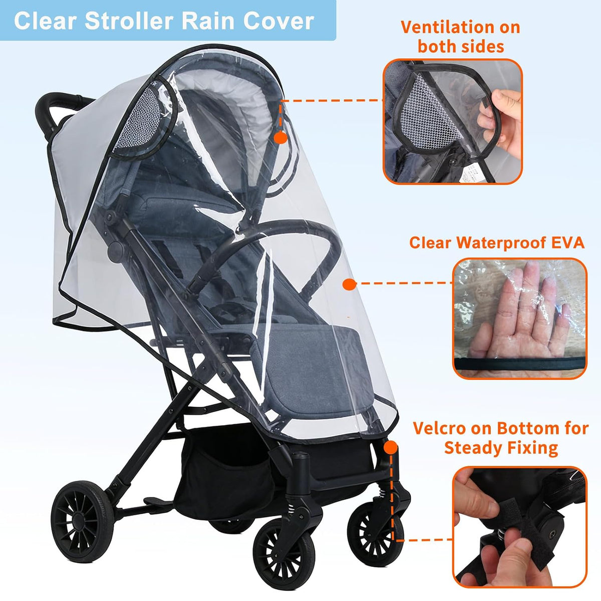 Clear Stroller Rain Cover, Universal Stroller Accessories, Waterproof Travel Weather Shield Breathable Baby Stroller Cover, Safety EVA Protect from Wind, Dust, Snow