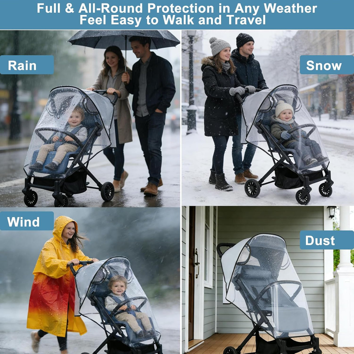 Clear Stroller Rain Cover, Universal Stroller Accessories, Waterproof Travel Weather Shield Breathable Baby Stroller Cover, Safety EVA Protect from Wind, Dust, Snow