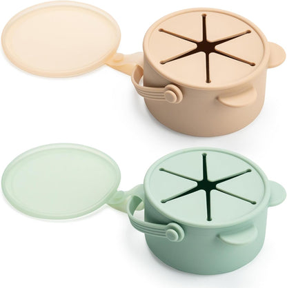 Silicone No Spill Snack Cups for Toddlers – Portable Baby Snack Cup Containers with Dustproof Lid – Dishwasher-Friendly Toddler Spill Proof Cups Without BPA, Lead, or Phthalates – Blue and Beige
