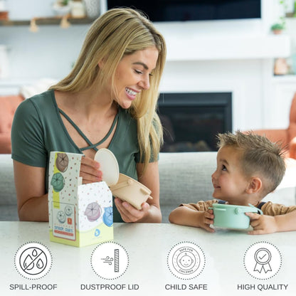 Silicone No Spill Snack Cups for Toddlers – Portable Baby Snack Cup Containers with Dustproof Lid – Dishwasher-Friendly Toddler Spill Proof Cups Without BPA, Lead, or Phthalates – Blue and Beige