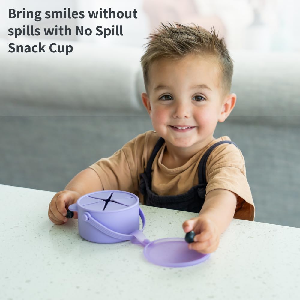 Silicone No Spill Snack Cups for Toddlers – Portable Baby Snack Cup Containers with Dustproof Lid – Dishwasher-Friendly Toddler Spill Proof Cups Without BPA, Lead, or Phthalates – Blue and Beige
