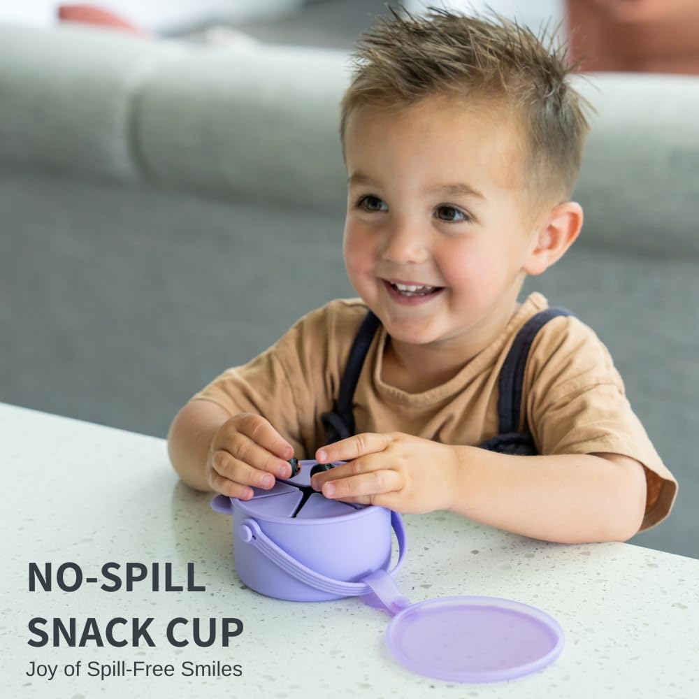 Silicone No Spill Snack Cups for Toddlers – Portable Baby Snack Cup Containers with Dustproof Lid – Dishwasher-Friendly Toddler Spill Proof Cups Without BPA, Lead, or Phthalates – Blue and Beige