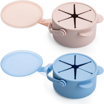 Silicone No Spill Snack Cups for Toddlers – Portable Baby Snack Cup Containers with Dustproof Lid – Dishwasher-Friendly Toddler Spill Proof Cups Without BPA, Lead, or Phthalates – Blue and Beige