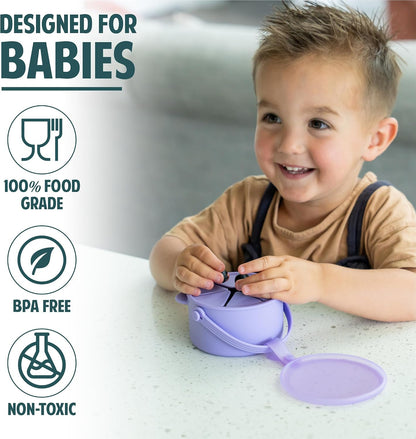 Silicone No Spill Snack Cups for Toddlers – Portable Baby Snack Cup Containers with Dustproof Lid – Dishwasher-Friendly Toddler Spill Proof Cups Without BPA, Lead, or Phthalates – Blue and Beige