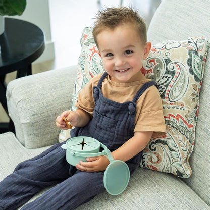 Silicone No Spill Snack Cups for Toddlers – Portable Baby Snack Cup Containers with Dustproof Lid – Dishwasher-Friendly Toddler Spill Proof Cups Without BPA, Lead, or Phthalates – Blue and Beige