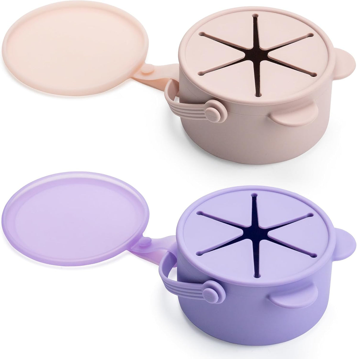 Silicone No Spill Snack Cups for Toddlers – Portable Baby Snack Cup Containers with Dustproof Lid – Dishwasher-Friendly Toddler Spill Proof Cups Without BPA, Lead, or Phthalates – Blue and Beige