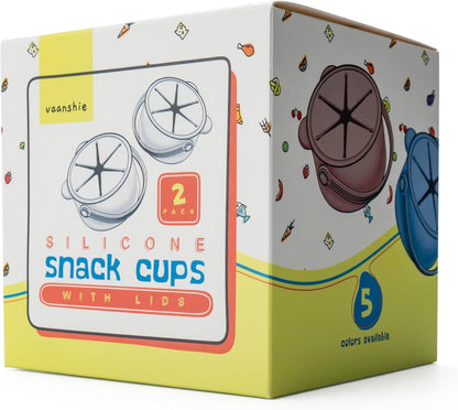 Silicone No Spill Snack Cups for Toddlers – Portable Baby Snack Cup Containers with Dustproof Lid – Dishwasher-Friendly Toddler Spill Proof Cups Without BPA, Lead, or Phthalates – Blue and Beige